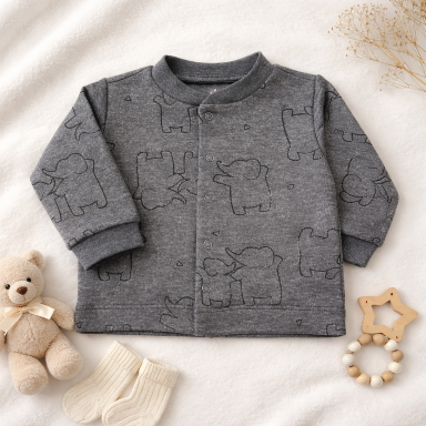 Unisex Grey Baby Jacket with Elephant Embroidery – 0-3 Months