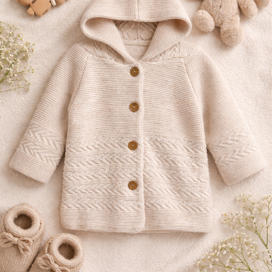Beige Knitted Hooded Baby Cardigan with Buttons (0–12 Months)