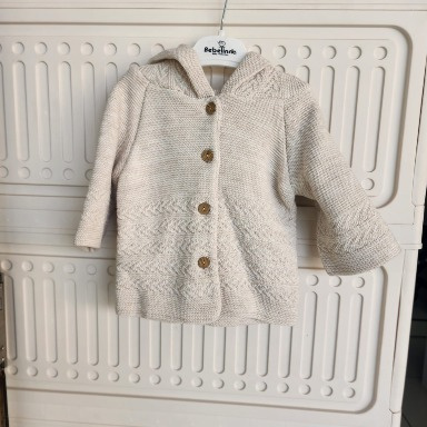 Beige Knitted Hooded Baby Cardigan with Buttons (0–12 Months)