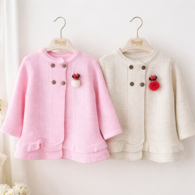 “Aquababy Baby Girl Cardigan – Cotton-Knit with Mouse Appliqué in White, Pink, Peach & Beige”