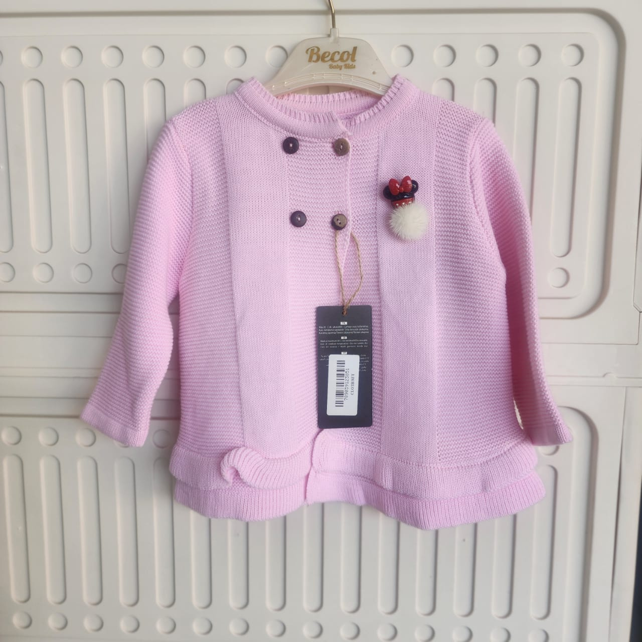“Aquababy Baby Girl Cardigan – Cotton-Knit with Mouse Appliqué in White, Pink, Peach & Beige”