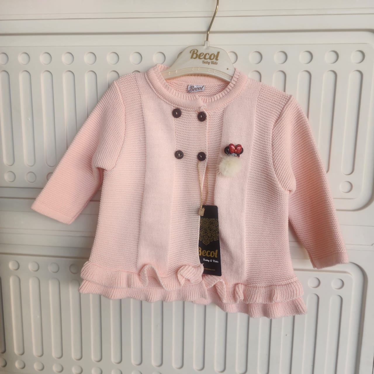 “Aquababy Baby Girl Cardigan – Cotton-Knit with Mouse Appliqué in White, Pink, Peach & Beige”