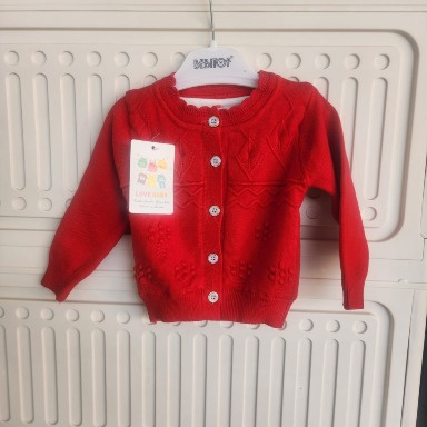 Bebitof Baby Girl Knit Cardigan – Warm Double-Layer Button-Up Sweater (3–6 Months, Red & White)