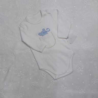 White Baby Bodysuit with Blue Animal Embroidery | Soft Cotton Long Sleeve Onesie