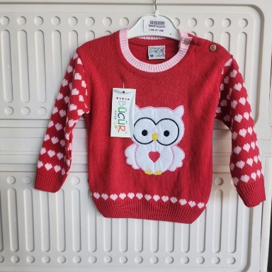 White & Maroon Knitted Baby Sweater with Owl & Heart Fair Isle Design
