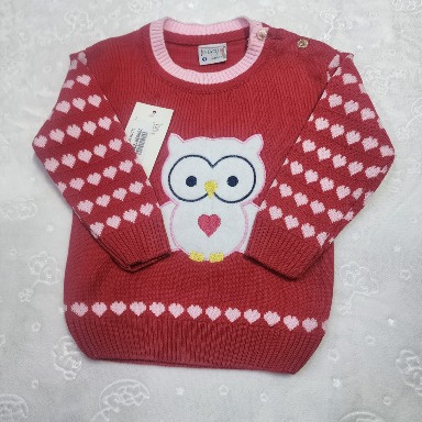 White & Maroon Knitted Baby Sweater with Owl & Heart Fair Isle Design