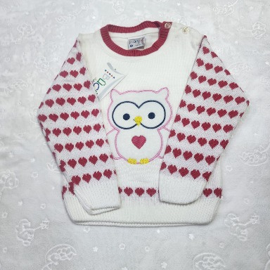 White & Maroon Knitted Baby Sweater with Owl & Heart Fair Isle Design