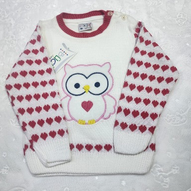 White & Maroon Knitted Baby Sweater with Owl & Heart Fair Isle Design