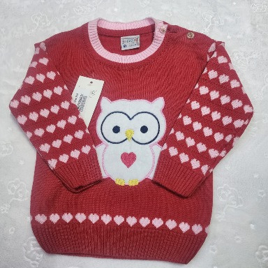 White & Maroon Knitted Baby Sweater with Owl & Heart Fair Isle Design