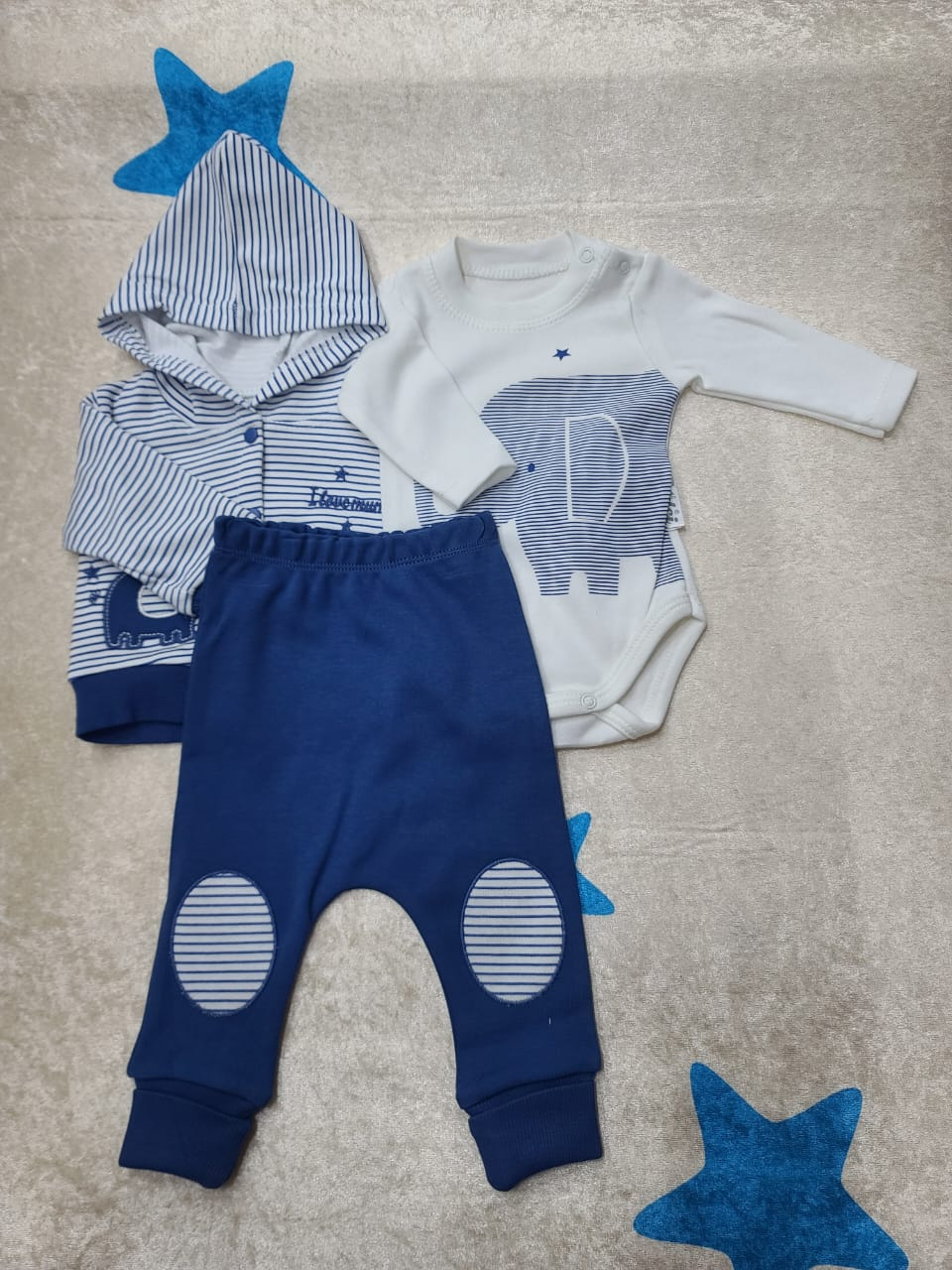 3-Piece Baby Boy Elephant Outfit Set – Hooded Cardigan, Bodysuit & Pants (0–3 Months)