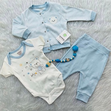 3-Piece Baby Boy Cloud Embroidery Set – Cotton Outfit (3–12 Months) | Aquababy
