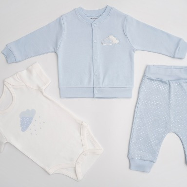 3-Piece Baby Boy Cloud Embroidery Set – Cotton Outfit (3–12 Months) | Aquababy