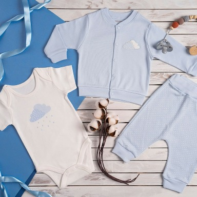 3-Piece Baby Boy Cloud Embroidery Set – Cotton Outfit (3–12 Months) | Aquababy