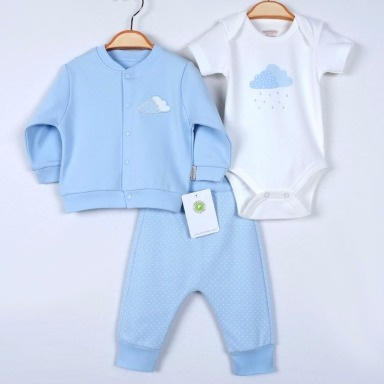 3-Piece Baby Boy Cloud Embroidery Set – Cotton Outfit (3–12 Months) | Aquababy