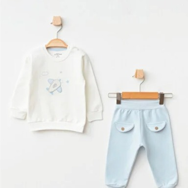 Aziz Bebe 2-Piece Baby Boy Airplane Set – Cotton Sweatshirt & Blue Pants (24–36 Months)