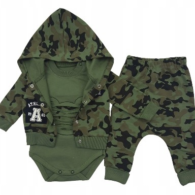 3-Piece Camouflage Baby Boy Tracksuit Set – Hoodie, Bodysuit & Joggers (0–6 Months)