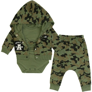 3-Piece Camouflage Baby Boy Tracksuit Set – Hoodie, Bodysuit & Joggers (0–6 Months)