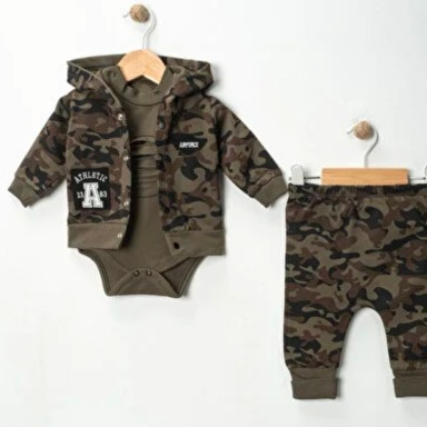 3-Piece Camouflage Baby Boy Tracksuit Set – Hoodie, Bodysuit & Joggers (0–6 Months)