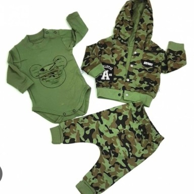 3-Piece Camouflage Baby Boy Tracksuit Set – Hoodie, Bodysuit & Joggers (0–6 Months)