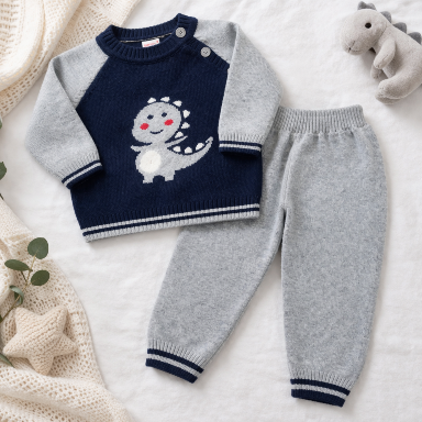 Baby Boy Dinosaur Knit Sweater & Pants Set – Navy & Grey (3_6Months)