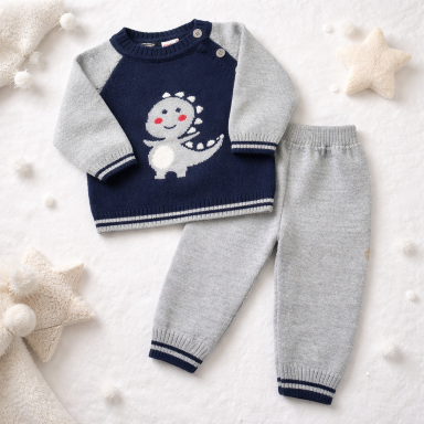 Baby Boy Dinosaur Knit Sweater & Pants Set – Navy & Grey (3_6Months)