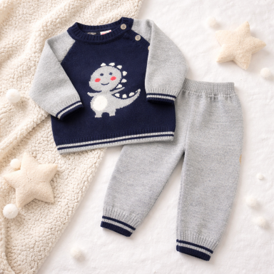 Baby Boy Dinosaur Knit Sweater & Pants Set – Navy & Grey (3_6Months)