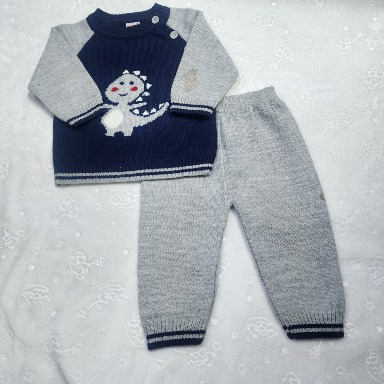 Baby Boy Dinosaur Knit Sweater & Pants Set – Navy & Grey (3_6Months)