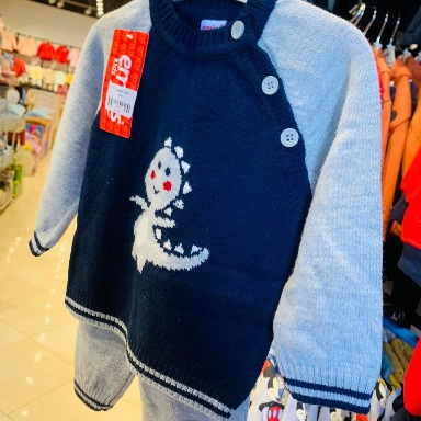 Baby Boy Dinosaur Knit Sweater & Pants Set – Navy & Grey (3_6Months)