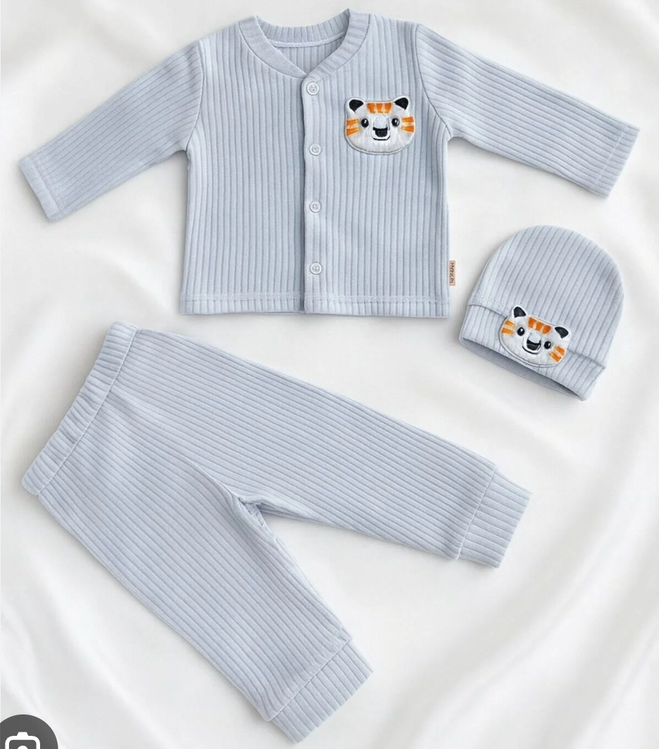 Baby Boy Tiger Cub Ribbed 3-Piece Set – Light Blue (3–6 Months)