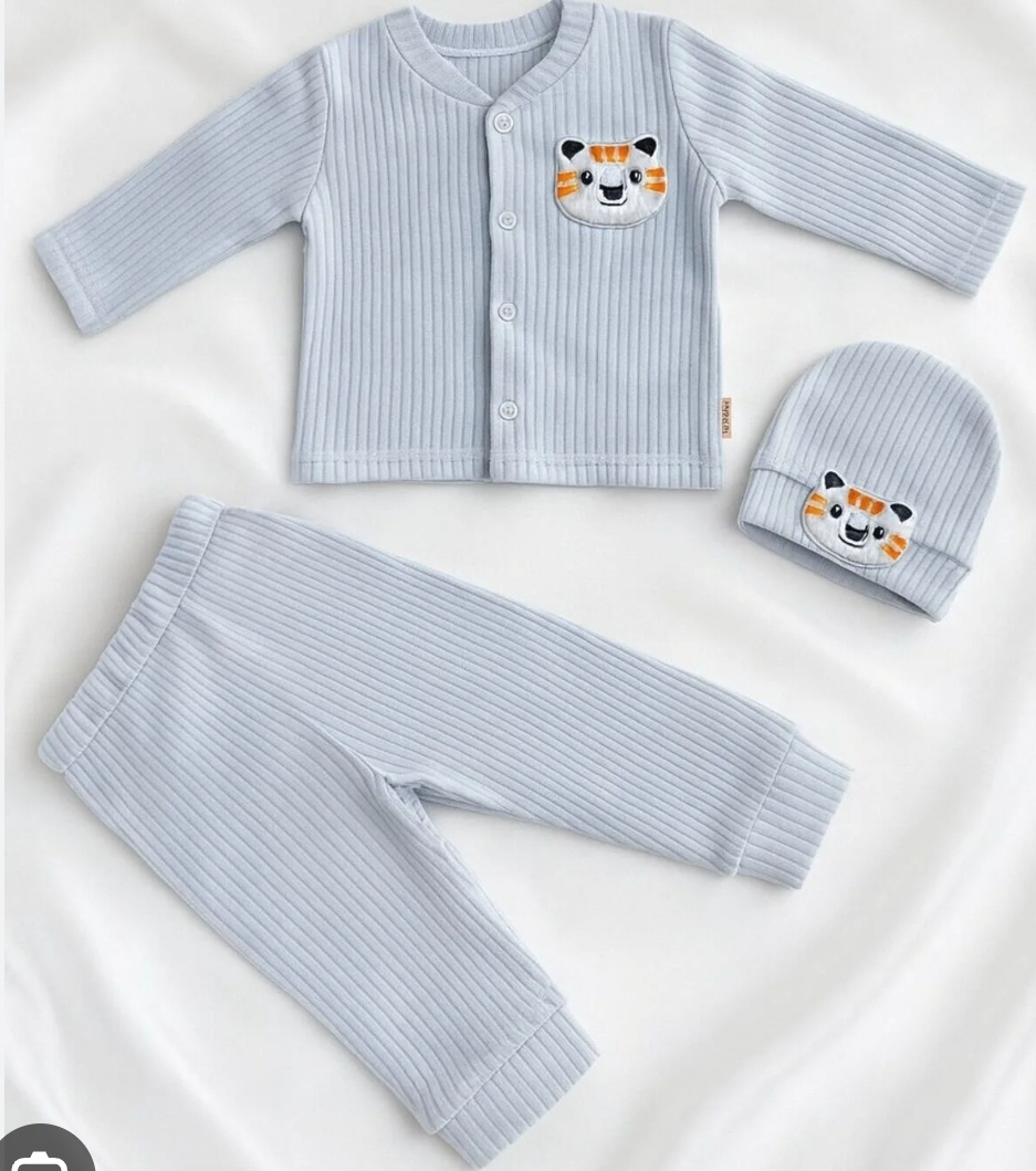 Baby Boy Tiger Cub Ribbed 3-Piece Set – Light Blue (3–6 Months)
