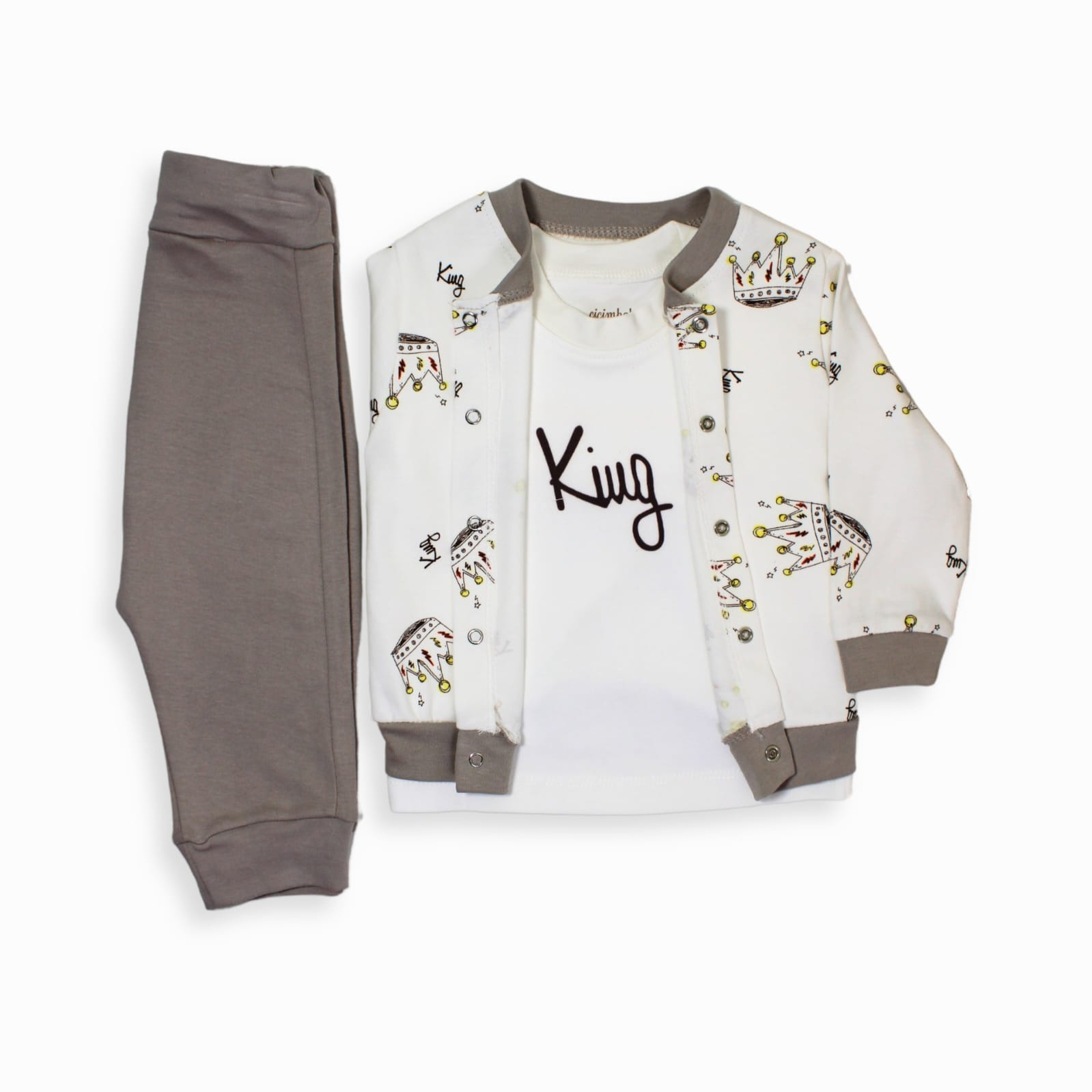 Royal Baby Boy 3-Piece Outfit 3-6 Months – Crown Print Jacket, King Tee & Joggers