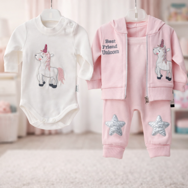 Baby Girl Unicorn 3-Piece Tracksuit Set (0–3 Months)