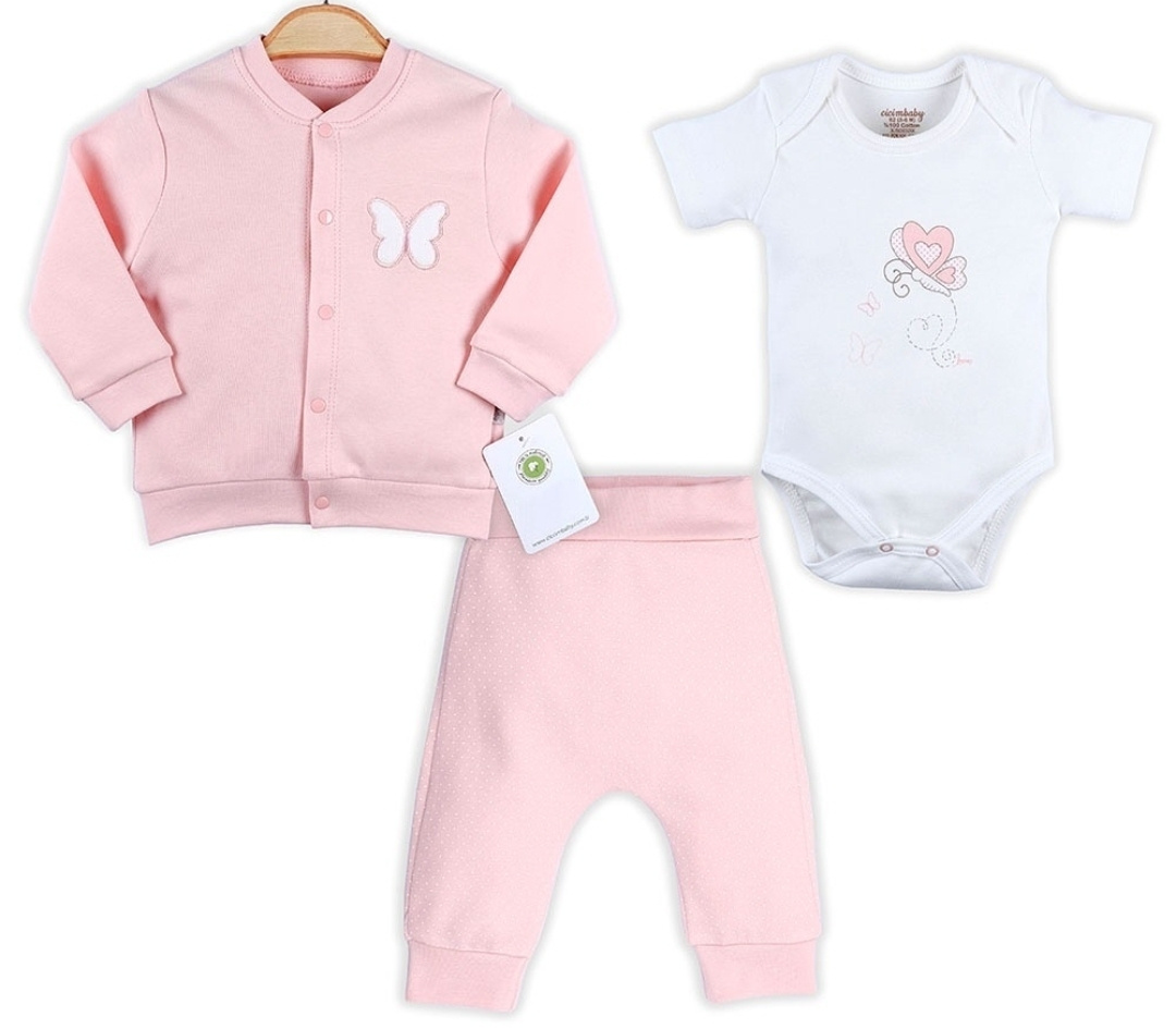 3-Piece Newborn Baby Girl Cotton Clothing Set – Cardigan, Bodysuit & Pants (3–12 Months)