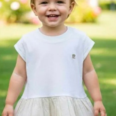 Pierre Cardin Baby Girl Beige & White Ruffle Skirt Dress (9 Months – 3 Years)