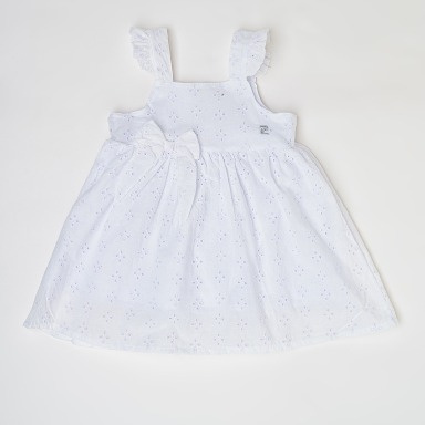 Baby Girl White Eyelet Cotton Dress with Bow – Ruffle Strap Summer Dress (9M–4Y)