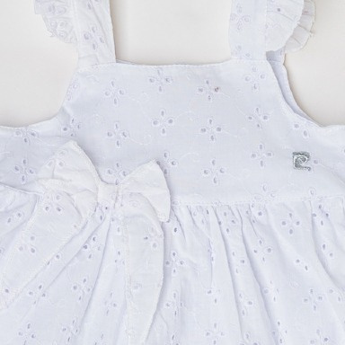 Baby Girl White Eyelet Cotton Dress with Bow – Ruffle Strap Summer Dress (9M–4Y)