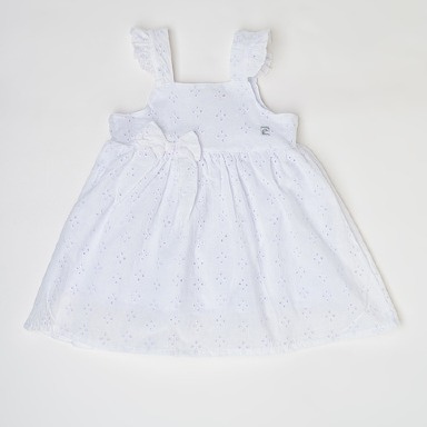 Baby Girl White Eyelet Cotton Dress with Bow – Ruffle Strap Summer Dress (9M–4Y)