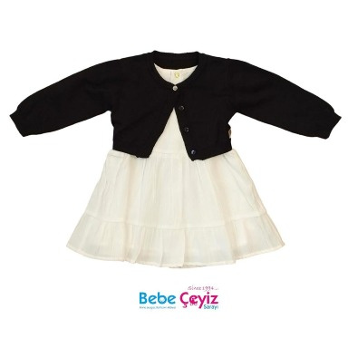 Bebepan Baby Girl 2-Piece Dress & Bolero Cardigan Set – White & Black (6–24 Months)