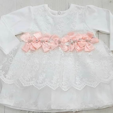 White Lace Baby Girl Dress with Pink Rhinestone Bow – 9 to 18 Months
