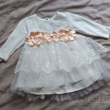 White Lace Baby Girl Dress with Pink Rhinestone Bow – 9 to 18 Months