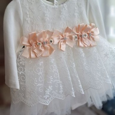 White Lace Baby Girl Dress with Pink Rhinestone Bow – 9 to 18 Months