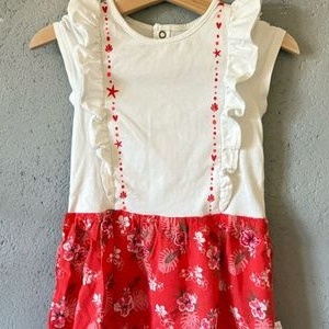 IKKS Baby Girl Dress – White Bodice with Red Tropical Floral Skirt (3–6 Months)