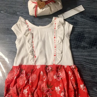IKKS Baby Girl Dress – White Bodice with Red Tropical Floral Skirt (3–6 Months)