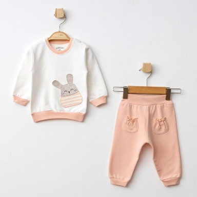AZİZ BEBE 2-Piece Baby Set – Ecru Rabbit Sweatshirt & Pink Pants (6–12 Months)