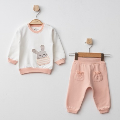 AZİZ BEBE 2-Piece Baby Set – Ecru Rabbit Sweatshirt & Pink Pants (6–12 Months)