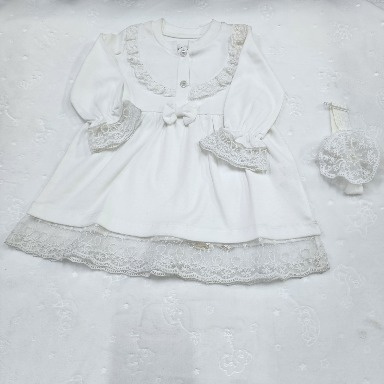 White Baby Christening Dress (Mevlütlük) with Lace & Headband – 9–12 Months | Aquababy
