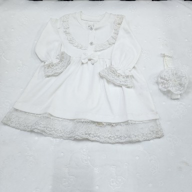 White Baby Christening Dress (Mevlütlük) with Lace & Headband – 9–12 Months | Aquababy