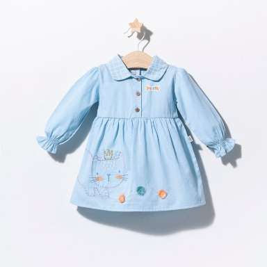 Embroidered “I Love Cats” Baby Girl Cotton Dress – Long Sleeve (6–9 Months)