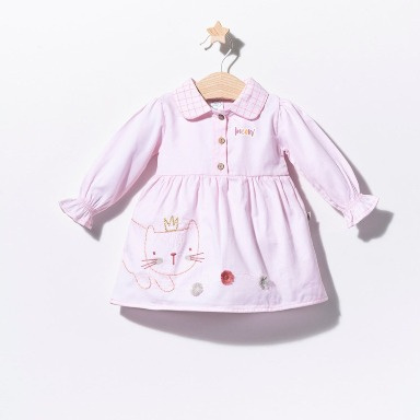 Embroidered “I Love Cats” Baby Girl Cotton Dress – Long Sleeve (6–9 Months)