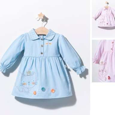 Embroidered “I Love Cats” Baby Girl Cotton Dress – Long Sleeve (6–9 Months)